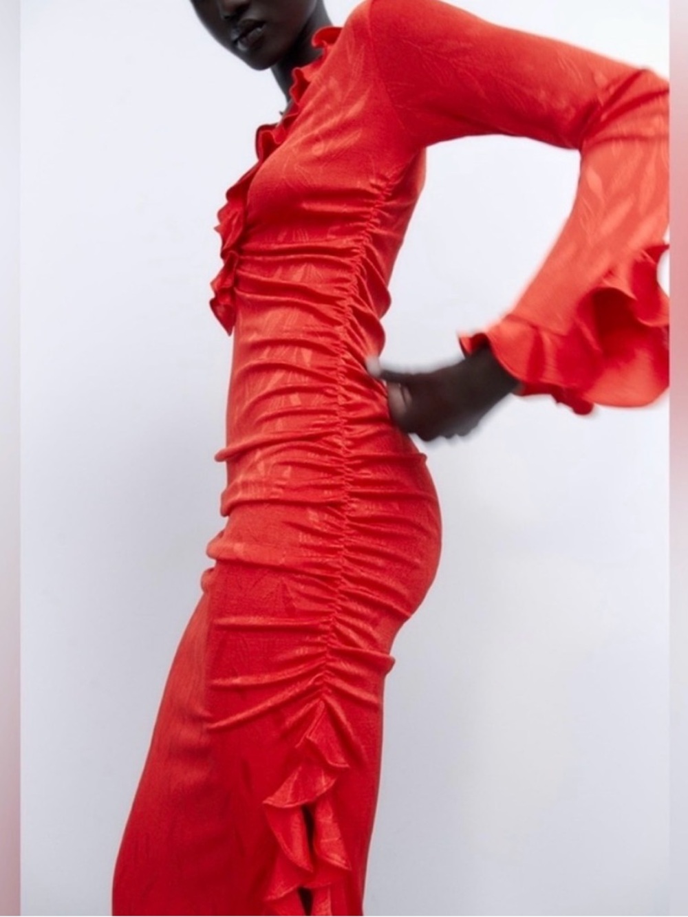 Zara Red Ruffle Ruched Long Sleeve Dress - Picture 2 of 10